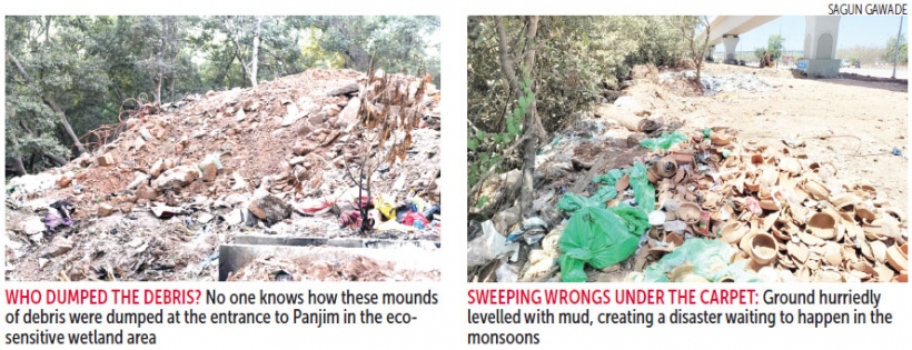 Construction debris recklessly dumped at Patto & ground levelled by  “unknown people” at Panjim’s wetland