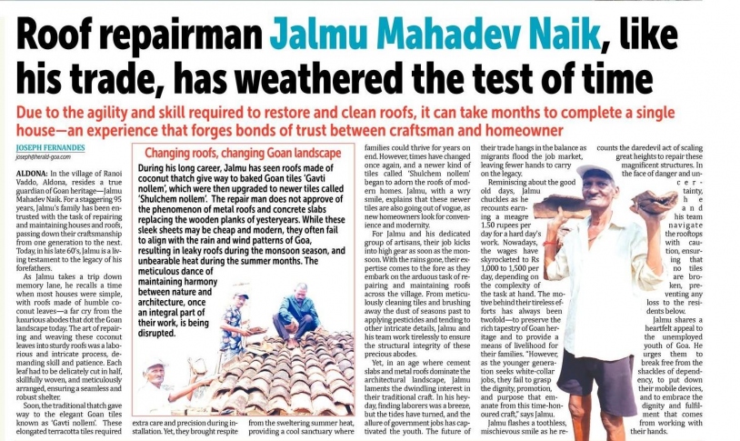 Roof repairman Jalmu Mahadev Naik, like his trade, has weathered the test of time