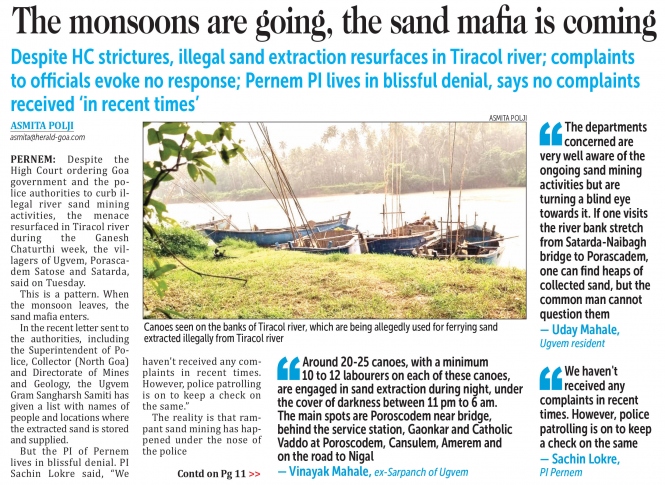 NGT takes suo motu cognisance of O Heraldo report on sand mining; issues notice to GSPCB, North Goa Collector
