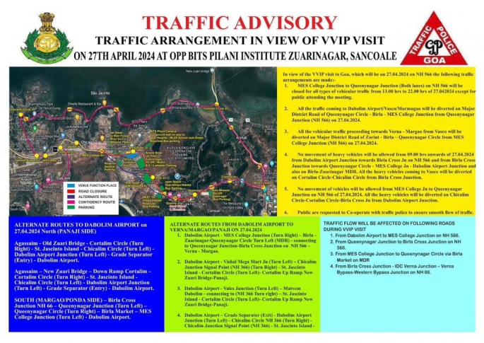 Traffic Cell of Goa Police releases Traffic Advisory for PM Narendra Modi's Visit on April 27, 2024