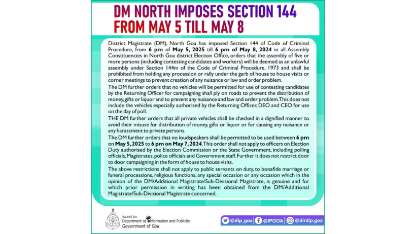 District Magistrate Imposes Section 144 in North Goa From May 5 Till May 8