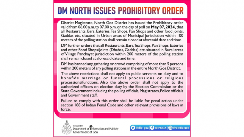Prohibitory Order Issued by District Magistrate Ahead of Polls in North Goa District