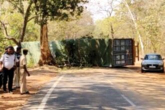 14-wheeler falls on its side;  disrupts traffic at Poinguinim