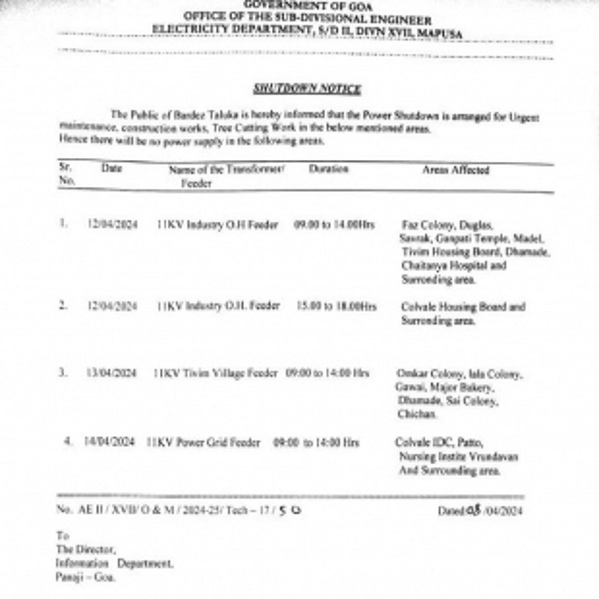 3 Days Power Shut down in Bardez Taluka