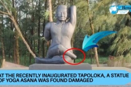 A DAMAGED STATUE OF YOGA ASANA AT THE NEWLY INAUGURATED TAPALAKA