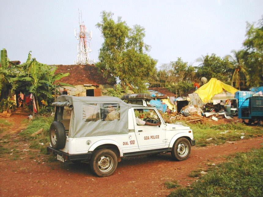 A Margao police jeep maintaining a vigil atop Moti Dongor.