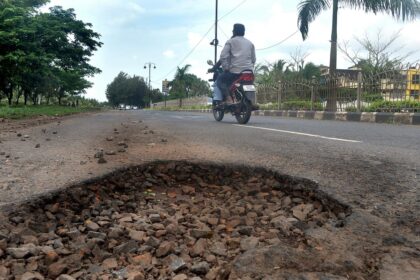 A big pothole on the busy Dr Jack Sequeira road at Mira Mar which is posing death trap to motorists. Many other potholes are visible on the same stretch of the road.