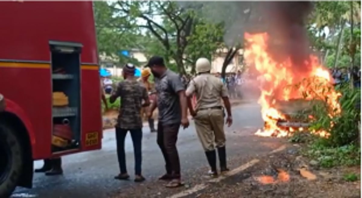 A car catches fire near Damodar College Comba, Margao