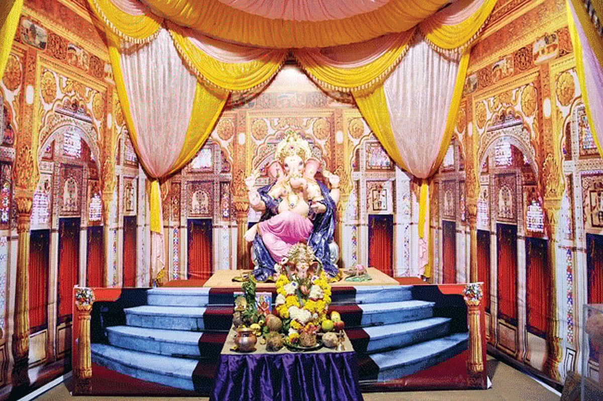 A colourfully decorated idol of Lord Ganesh at Marutigad Temple, Mala in Panjim takes centrestage. Goa went into  festive mode as Ganesh festivities were ushered in across Goa, on Monday.