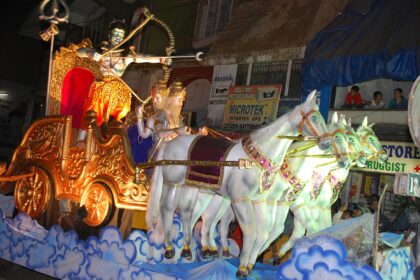 A float depicting a scene from the Hindu mythology makes its way along the 18th June Road in the city on Saturday. Over 25 floats showcasing the rich tradition of Indian culture and communal harmony were part of Shigmotsav that got underway today.