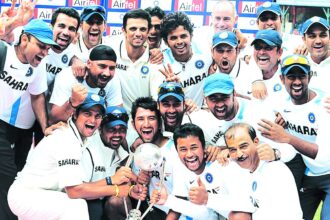 A jubilant Indian cricket team after scoring a 7-wicket victory over Australia in the second and final Test match at  Chinnaswamy Stadium, Bangalore. With this win India completed their first ever series whitewash of Australia.