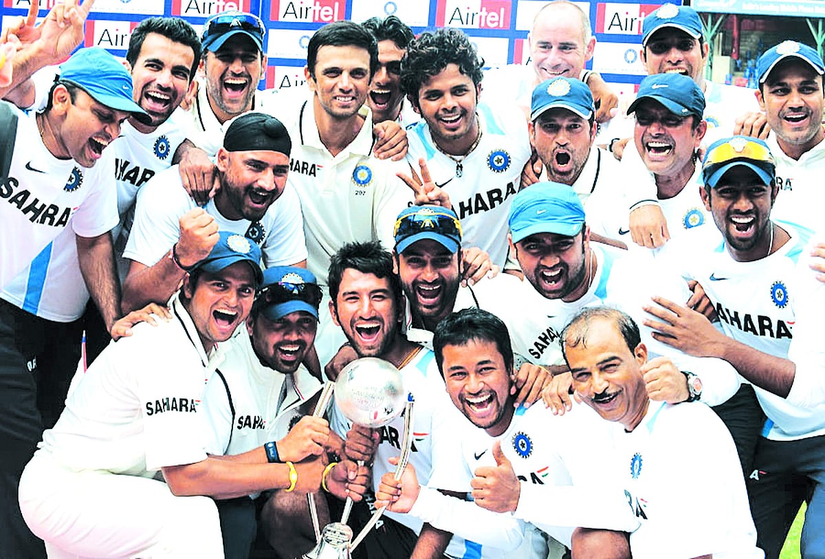 A jubilant Indian cricket team after scoring a 7-wicket victory over Australia in the second and final Test match at  Chinnaswamy Stadium, Bangalore. With this win India completed their first ever series whitewash of Australia.