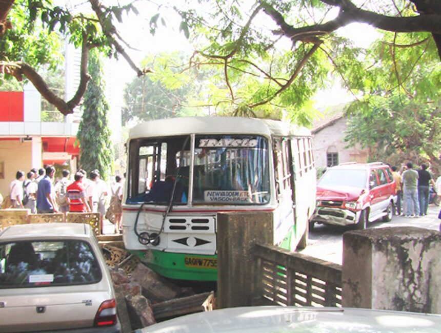 A passenger bus rammed into the compound wall near Bismark Hotel, Vasco.