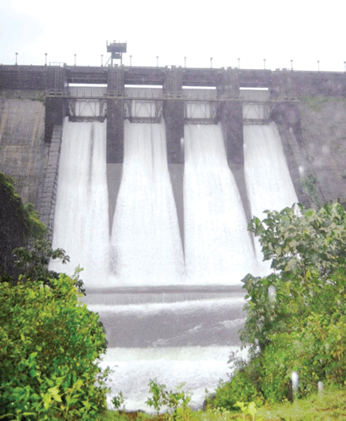 A sharp rise in water level has forced authorities to open all four gates of the Anjune dam.