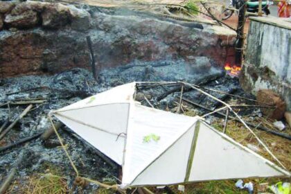 A star stands amid charred remains of a crib gutted in a major fire at Ambaji-Fatorda, on Friday. Photo by Savio Dias