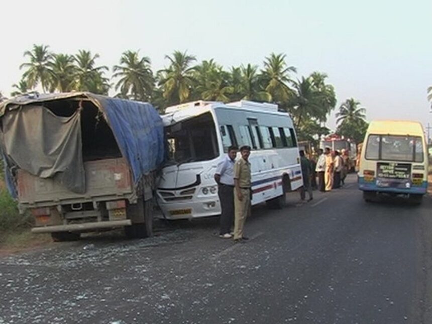 A tourist bus, which collided against a pick up at Verna by-pass highway.