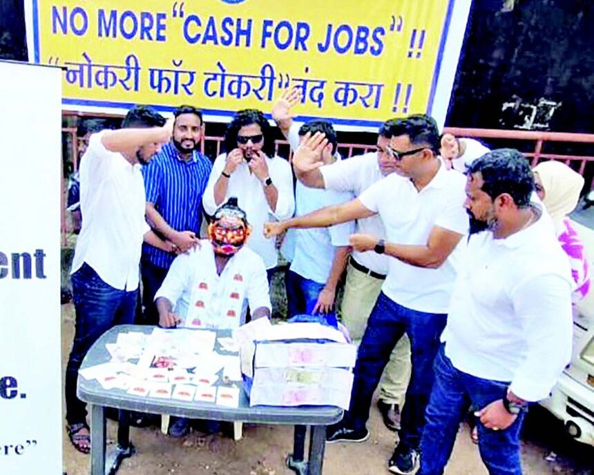 AAP Youth Wing mimics BJP stall selling government jobs 1 AAP Youth Wing mimics BJP stall selling government jobs