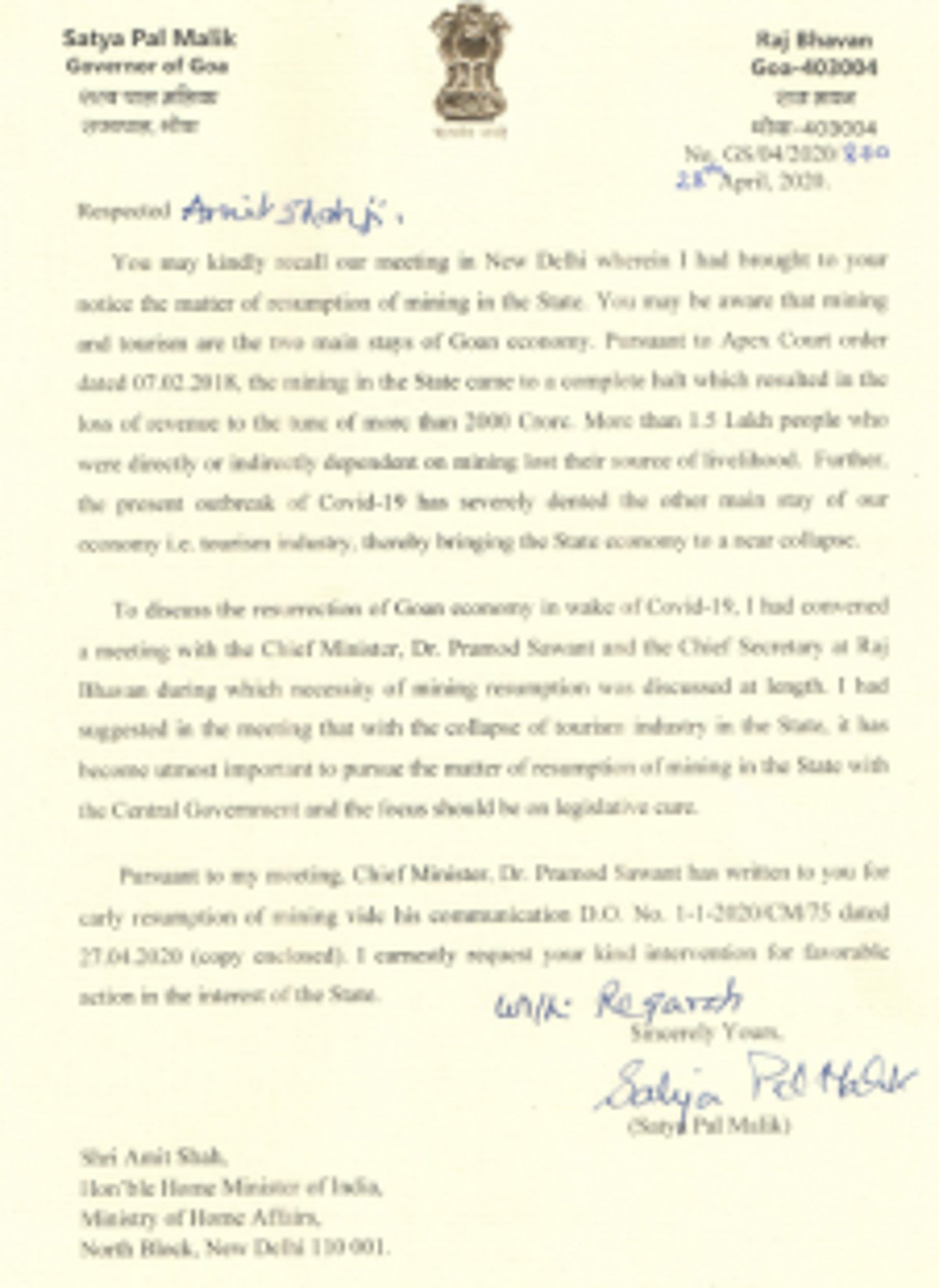 After CM, now Guv writes to Centre for early mining resumption