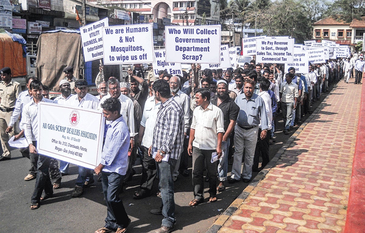 All Goa Scrap Dealers Association members participate in a protest rally in Mapusa.