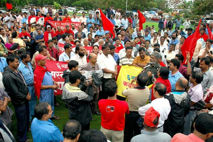 All India Trade Union Congress General Secretary Christopher Fonseca addresses a gathering of KTC workers at a meet held near KTC Bus Stand on Wednesday. Photo by Rozario Estibeiro