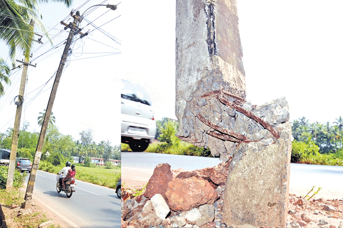 An electricity pole at Zuari, Goa Velha, which was damaged in a car accident is posing danger as it may collapse any time. 1 An electricity pole at Zuari, Goa Velha, which was damaged in a car accident is posing danger as it may collapse any time.