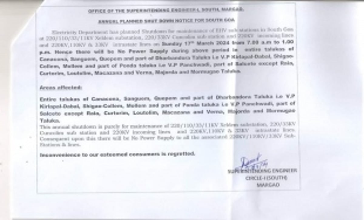 Annual Planned Shutdown for Maintenance in South Goa