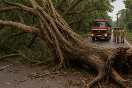 Banyan Tree Collapse Blocks Road in Curti-Ponda; Traffic Restored After Fire Brigade Intervention