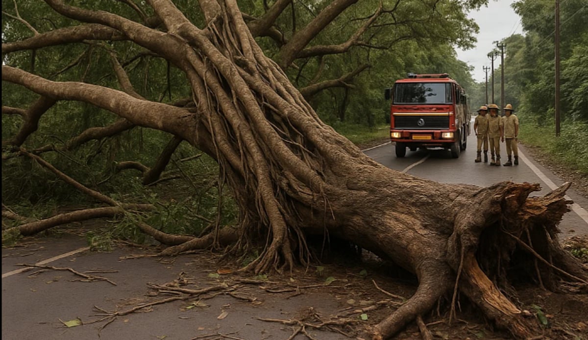 Banyan Tree Collapse Blocks Road in Curti-Ponda; Traffic Restored After Fire Brigade Intervention
