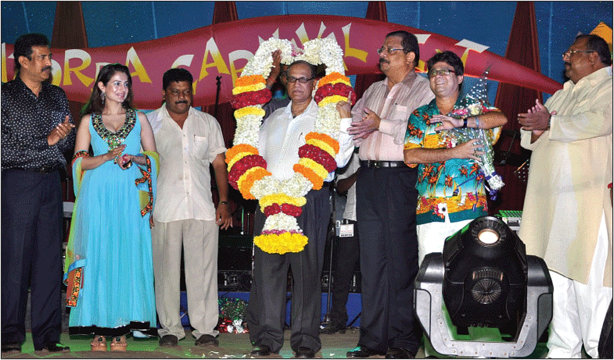 Birthday boy Chief Minister Digambar Kamat being felicitated during Fatorda Carnival Fest on Tuesday evening.