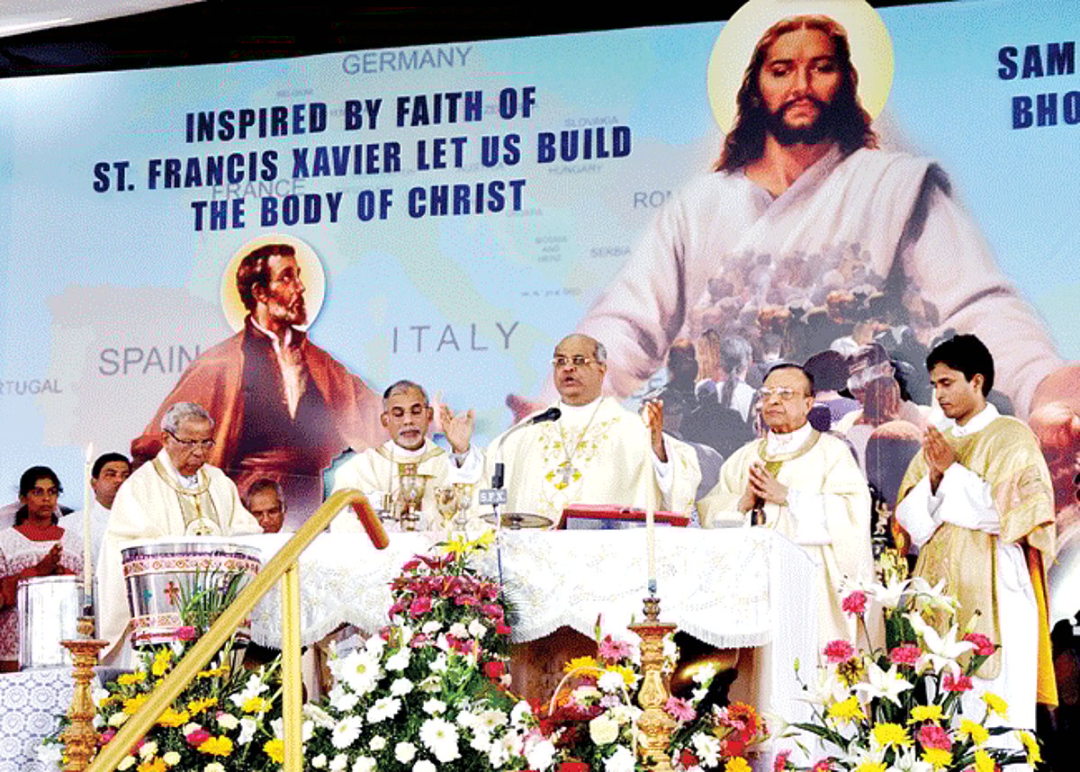 Bishop of Karwar Derrick Fernandes (centre) celebrates the feast mass of St Francis Xavier in the presence of Archbishop Emeritus Raul Gonsalves, Archbishop Felipe Neri Ferrao and Bishop Blasco Colaco at Old Goa on Tuesday. This year theme was 'Inspired