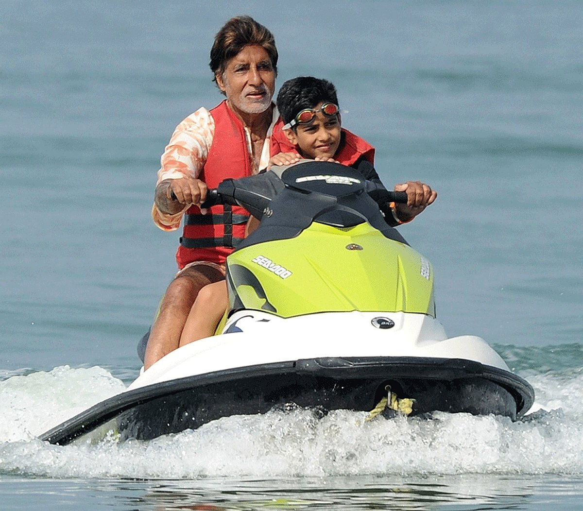 Bollywood star Amitabh Bachchan takes a jet ski ride with his grandson at Benaulim beach on Tuesday. Amitabh, who has a liking for water sports, is on a brief holiday in Goa.