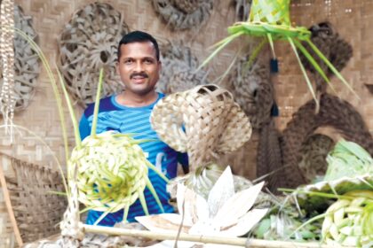 Borim artisan Purso Rama Gaude weaves coconut leaves into unique artwork