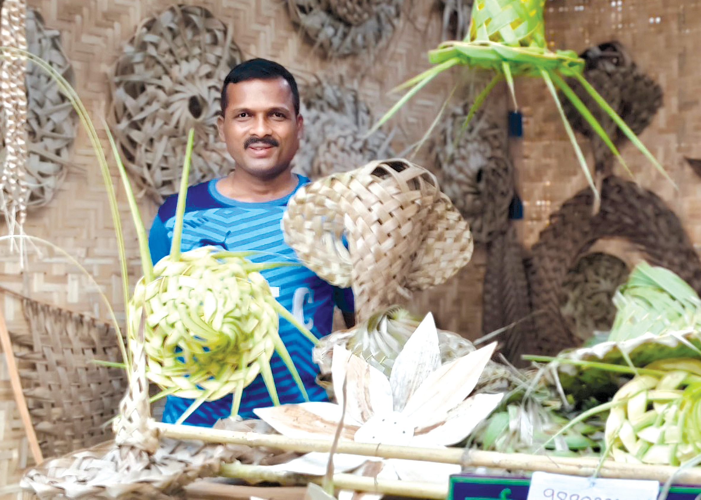 Borim artisan Purso Rama Gaude weaves coconut leaves into unique artwork