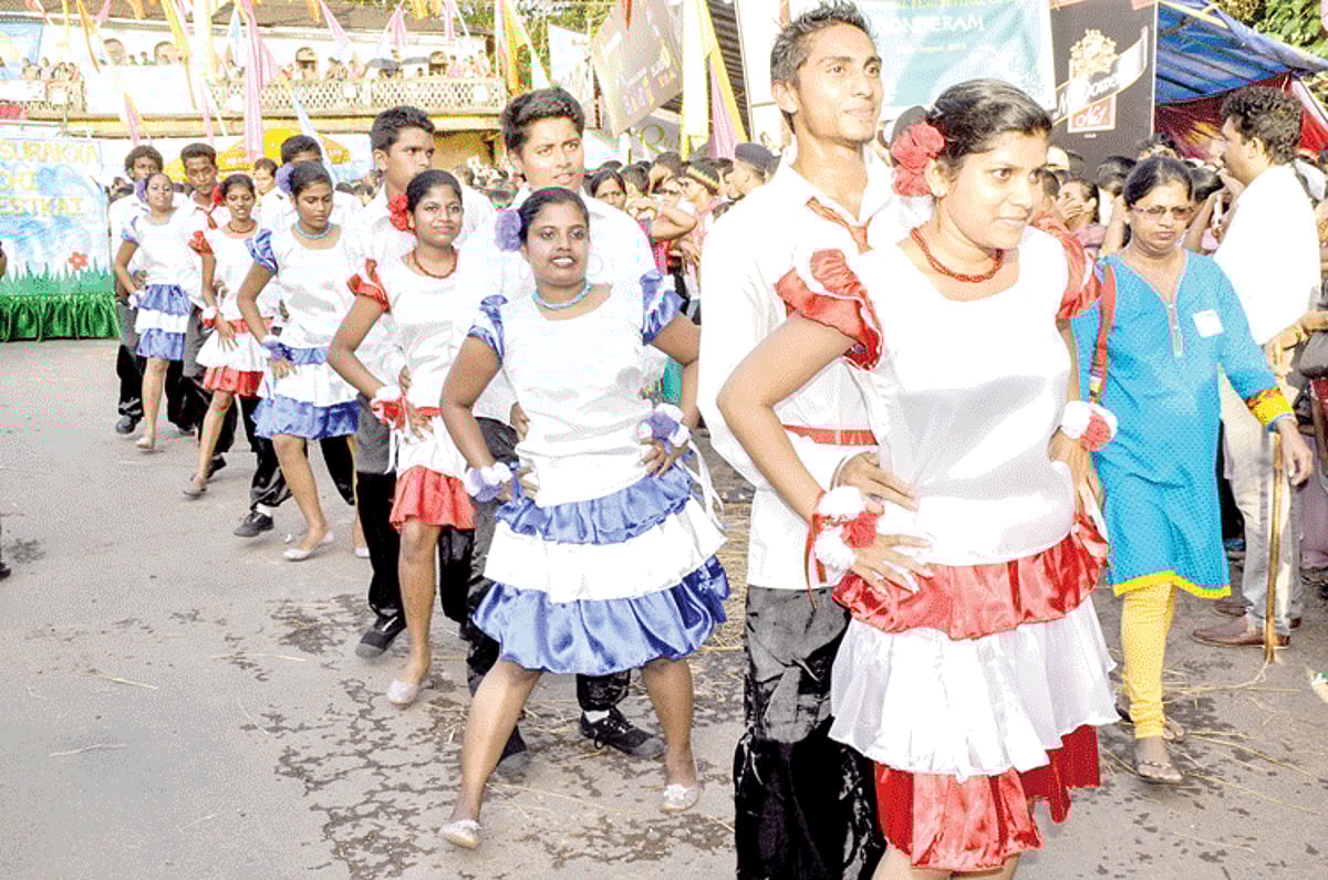 Boys and girls enthrall the audience at the Bonderam festival parade at Divar on Saturday