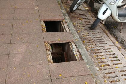 Broken Drain Covers Outside Panjim Post Office Pose Danger to Pedestrians