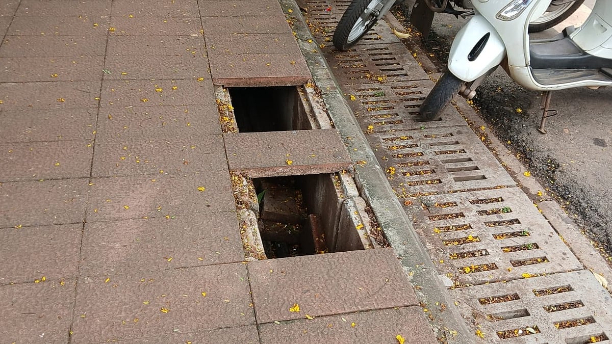 Broken Drain Covers Outside Panjim Post Office Pose Danger to Pedestrians