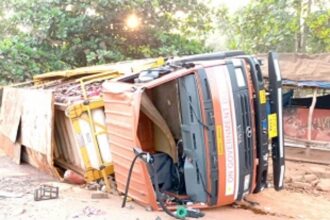 CNG tanker overturns at Borim Circle