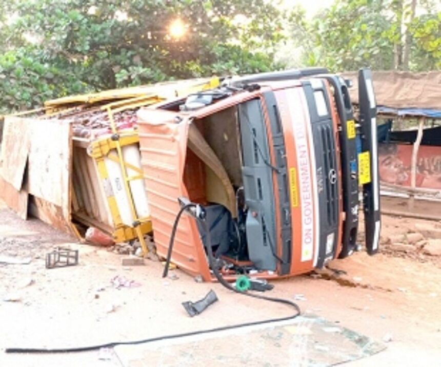 CNG tanker overturns at Borim Circle