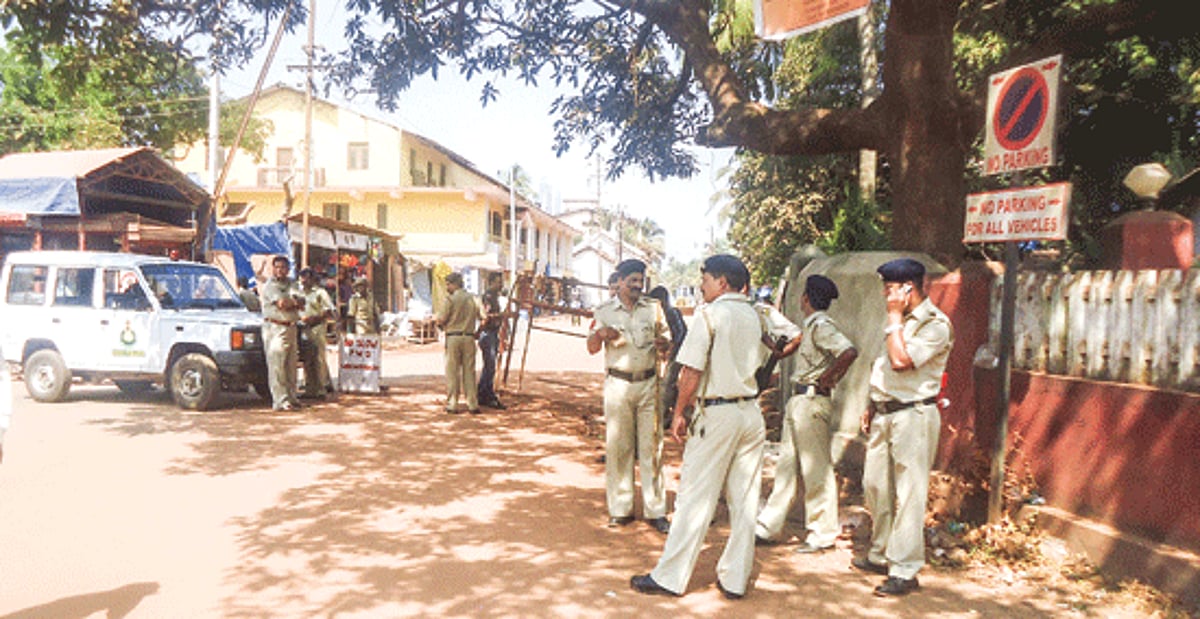 Calangute Police team man the entry point at road work site at Calangute.