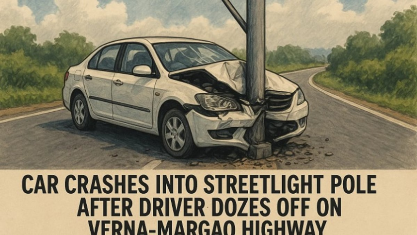 Car Crashes Into Streetlight Pole After Driver Dozes Off on Verna-Margao Highway 1 Car Crashes Into Streetlight Pole After Driver Dozes Off on Verna-Margao Highway