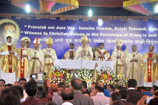 Cardinal Oswald Gracias (centre) along with Archbishop Felipe Neri Ferrao, Archbishop Emeritus Raul Gonsalves, Bishop Alex Dias of Port Blair and other concelebrants at the feast mass at Old Goa.