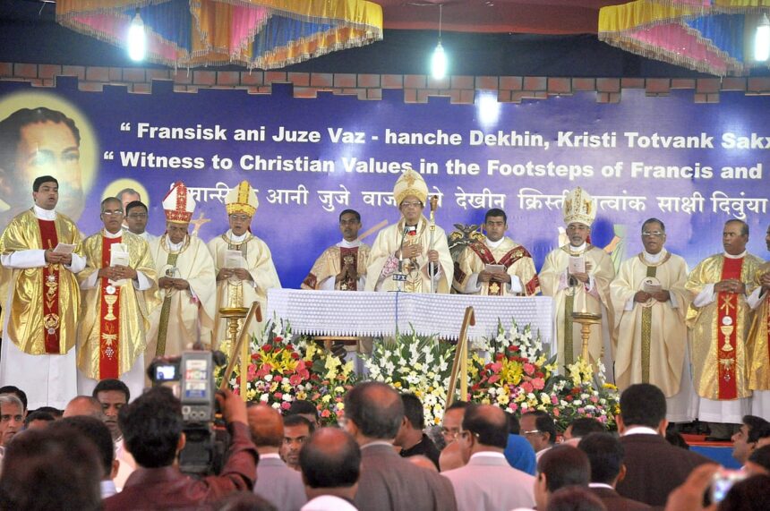 Cardinal Oswald Gracias (centre) along with Archbishop Felipe Neri Ferrao, Archbishop Emeritus Raul Gonsalves, Bishop Alex Dias of Port Blair and other concelebrants at the feast mass at Old Goa. 1 Cardinal Oswald Gracias (centre) along with Archbishop Felipe Neri Ferrao, Archbishop Emeritus Raul Gonsalves, Bishop Alex Dias of Port Blair and other concelebrants at the feast mass at Old Goa.