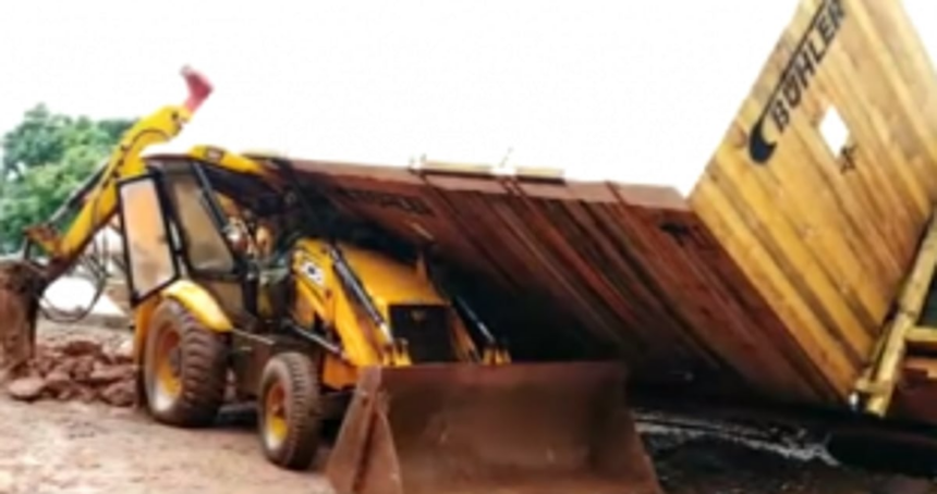 Cargo container overturned