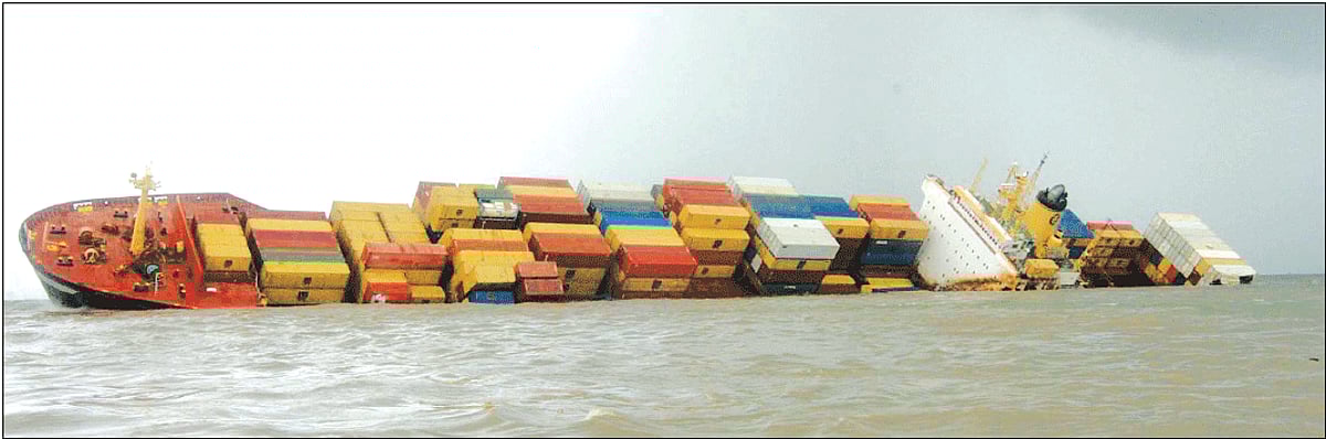 Cargo ship MSC Chitra partly submerged after a collision with another vessel MV Khalijia-111, off the Mumbai coast. The collision on Saturday caused an oil leak from two of the 12 tanks of MSC Chitra which had got damaged. By Monday around 500 tonnes of o