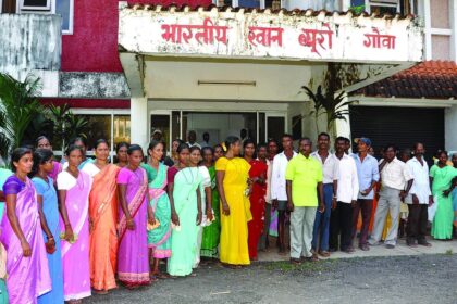 Caurem villagers outside the office of the Indian Bureau of Mines demanding closure of a mine at Devapan.