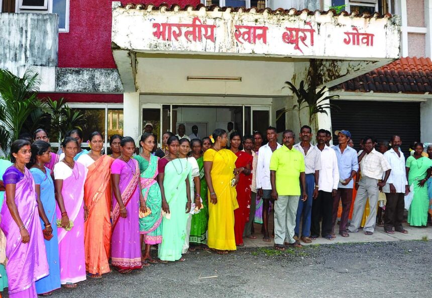 Caurem villagers outside the office of the Indian Bureau of Mines demanding closure of a mine at Devapan.