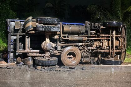 Coal Truck Overturns in Curchorem After Road Collapse; No Injuries Reported