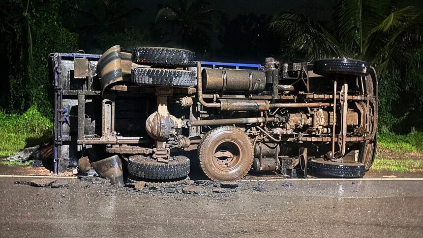 Coal Truck Overturns in Curchorem After Road Collapse; No Injuries Reported