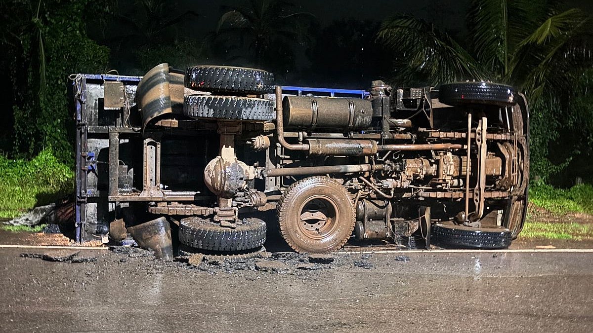 Coal Truck Overturns in Curchorem After Road Collapse; No Injuries Reported