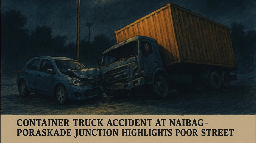 Container Truck Accident at Naibag-Poraskade Junction Highlights Poor Street Lighting 1 Container Truck Accident at Naibag-Poraskade Junction Highlights Poor Street Lighting